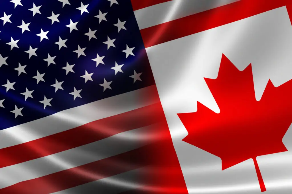 Canadian and USA flags merged together