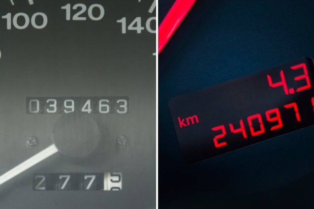 Low odometer mileage compared to the high mileage, dashboard close up