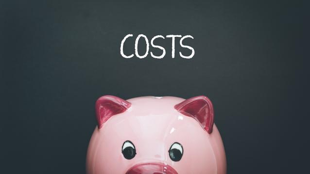 Pink piggybank with "costs" text above it. Cost representation.